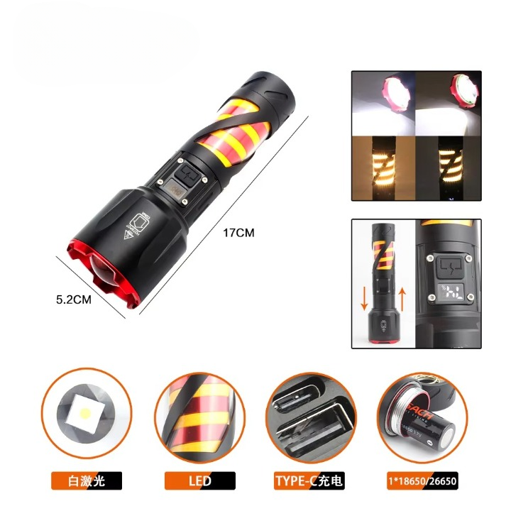 imgi_406_H1d9d535dc8064d8b88295a4dfcd2189av_cleanup.png Long Range LED Rechargeable Flashlight – 26650 Battery, Power Bank Function, Battery Level Display, Zoom - Image 1
